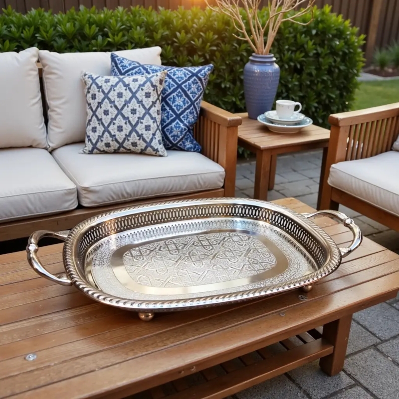 Serving Tray Oval Hand Engraved Scrolled Handles Polished