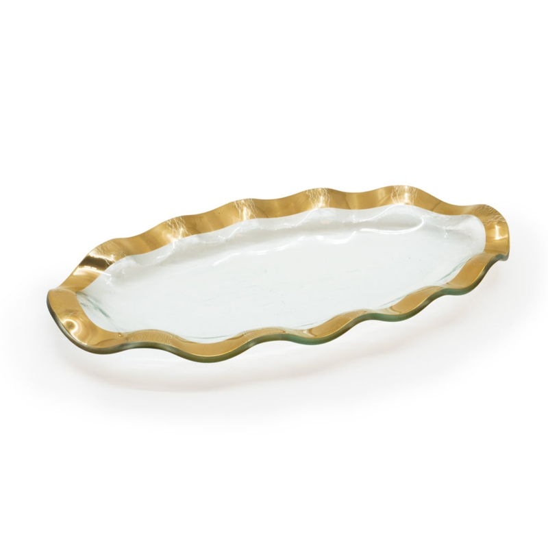 Serving Tray Oval Ruffled Edge Silver Rim Polished Glass Elegant Platter