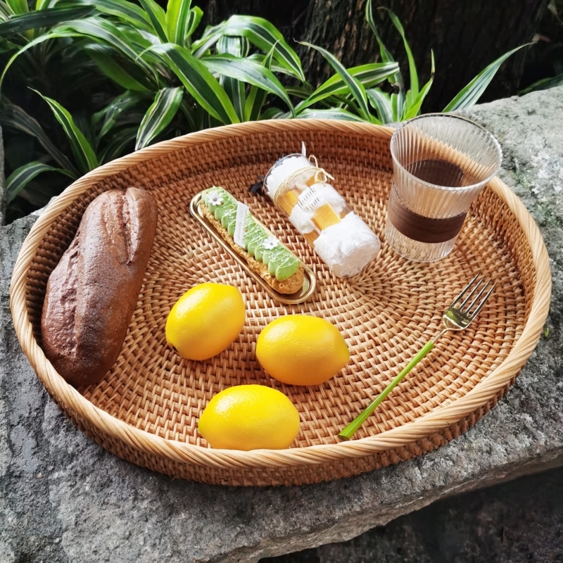 Serving Tray: Oval Woven Rattan with Handleless Rim, Rustic Decor