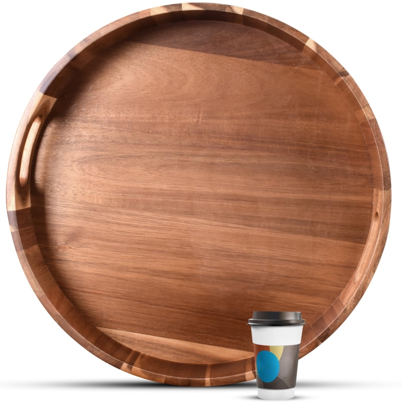 Serving Tray, Oversized 20 Inch Dark Wood with Handle Cutouts for Ottoman