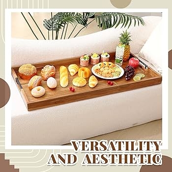 Serving Tray Oversized Scale Cutout Handles Wood Toned Ottoman Decor