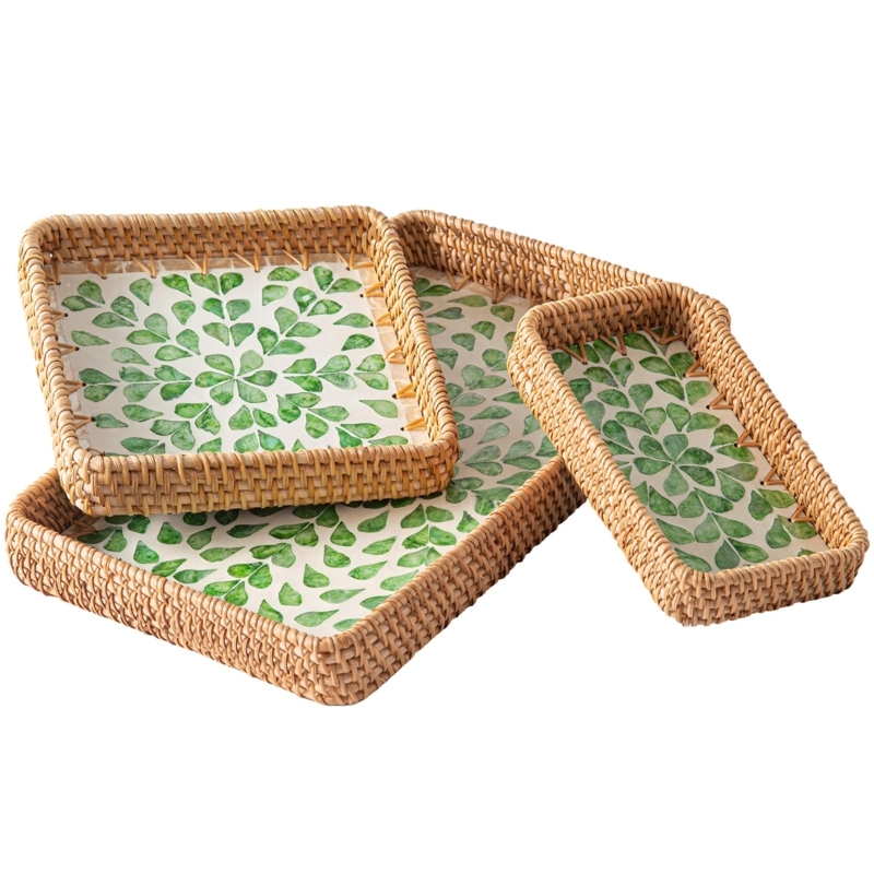 Serving Tray, Rattan with Mother of Pearl Inlay, Boho Coastal Decor
