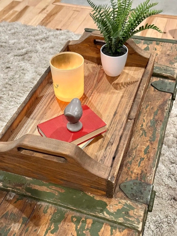 Serving Tray Reclaimed Wood Plank Design Matte Black Handles Modern Style