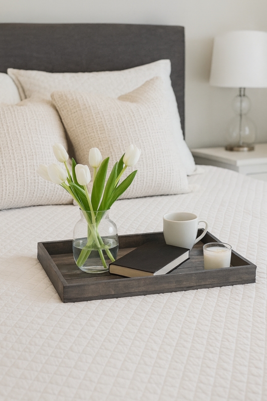 Serving Tray: Rectangular Antique Wood, Cutout Handles Bedroom Decor