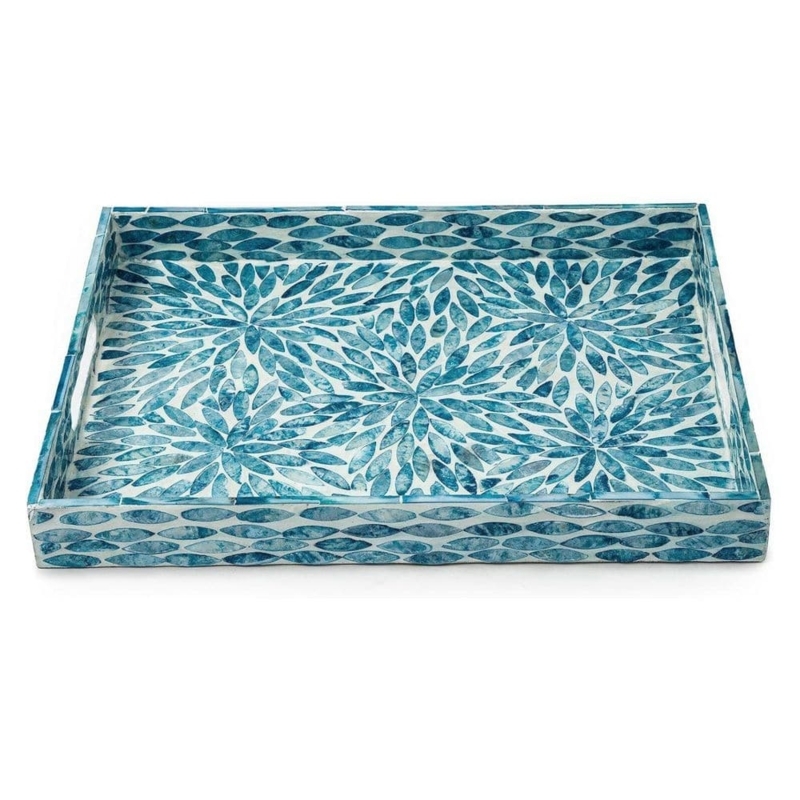 Serving Tray Rectangular Blue Lacquer Mother of Pearl Floral Inlay
