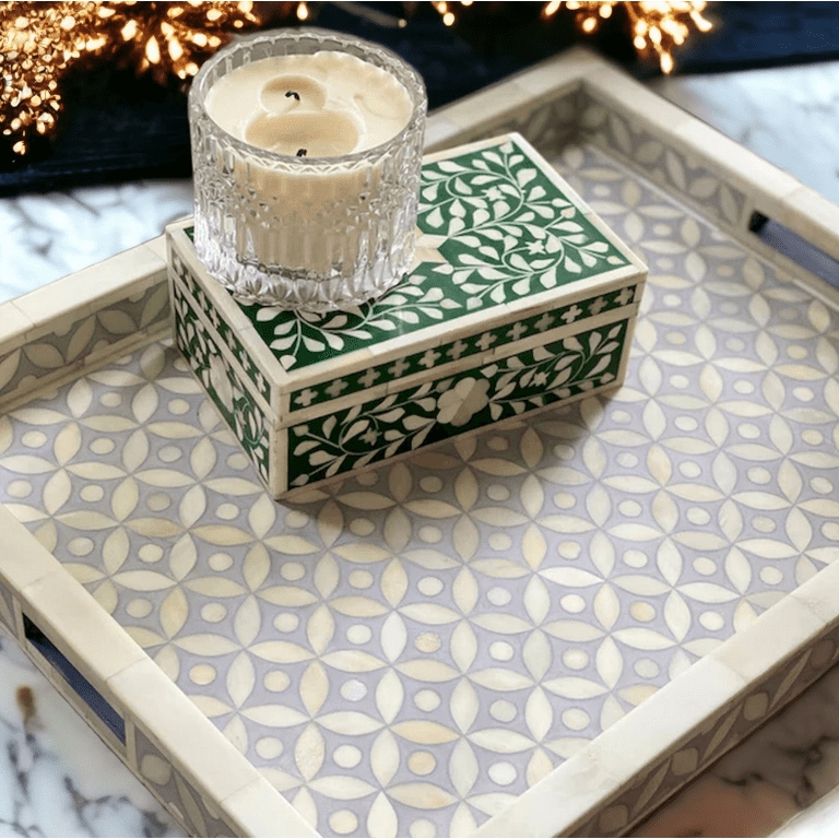 Serving Tray: Rectangular Bone Inlay with Floral Lattice Pattern