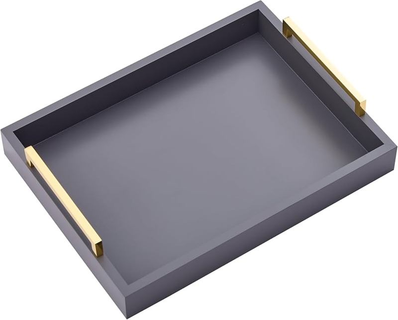 Serving Tray, Rectangular Charcoal Grey with Gold Handles, Matte Finish
