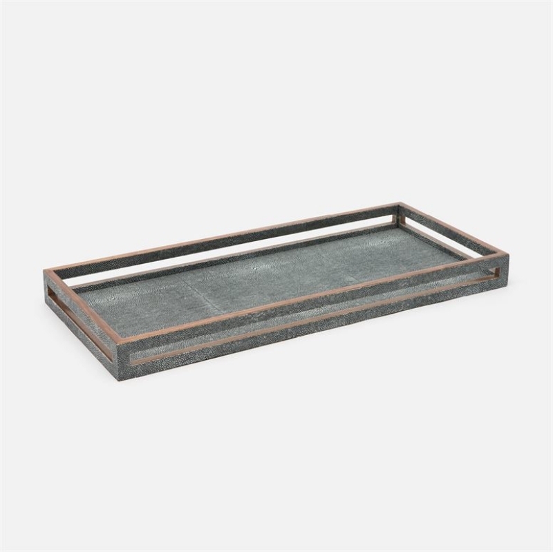 Serving Tray, Rectangular Cool Gray Faux-Shagreen, Cutout Handles