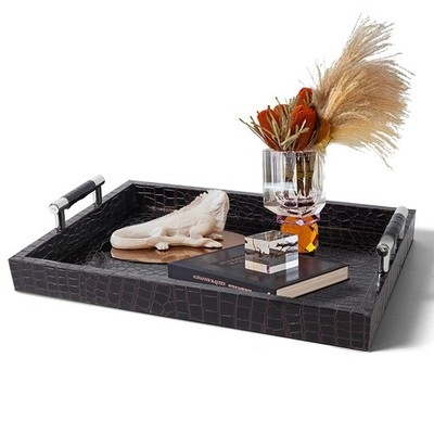 Serving Tray Rectangular Dark Brown Cutout Handles, Perimeter Stitching