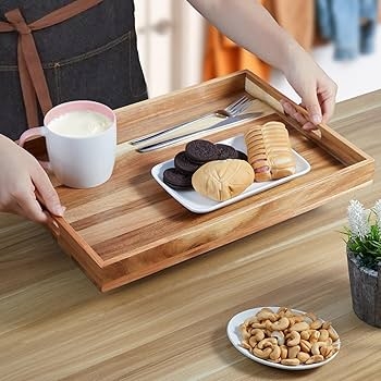 Serving Tray: Rectangular Dark Wood with Gold Metallic Handles