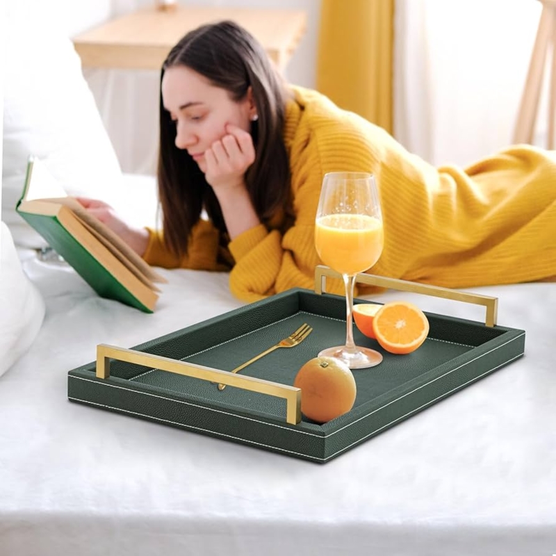 Serving Tray Rectangular Faux Shagreen Texture Gold Metal Handles Glam