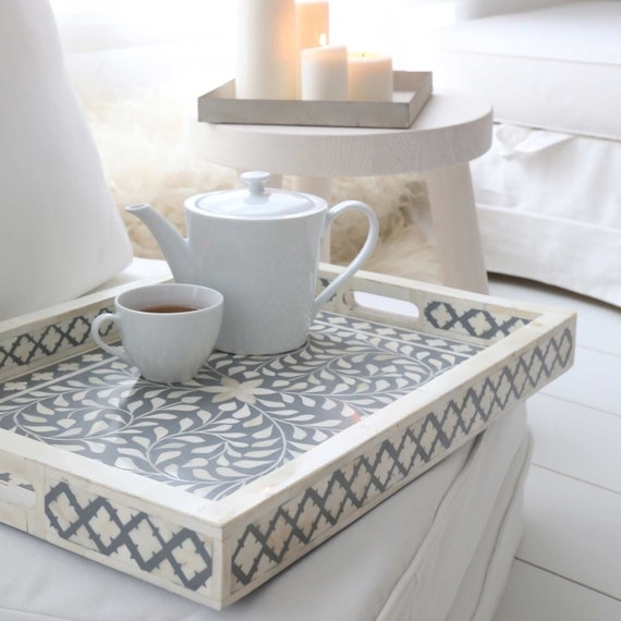 Serving Tray, Rectangular Grey Bone Inlay Floral Pattern, Cutout Handles