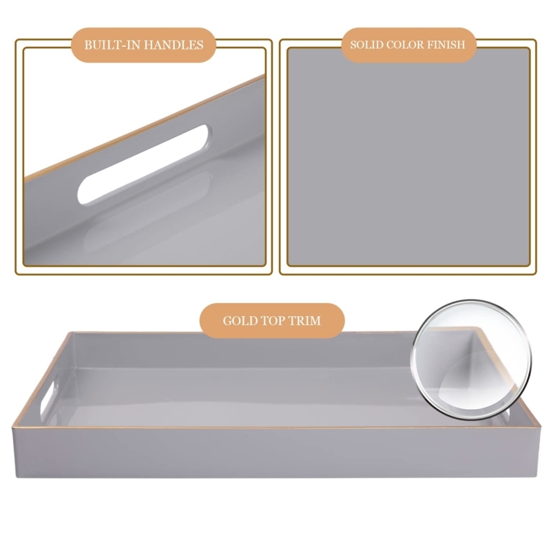 Serving Tray Rectangular Marble Print Gray Polished Gold Handles