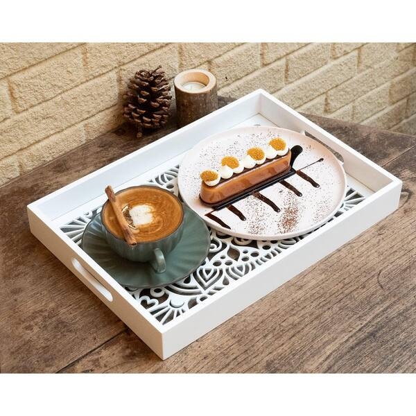 Serving Tray Rectangular Matte White Wood Cut Out Handles Minimalist
