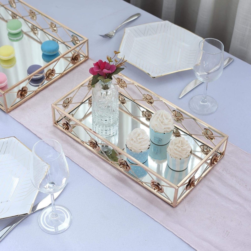 Serving Tray Rectangular Mirrored Base Floral Cutwork Gold Metallic Decor