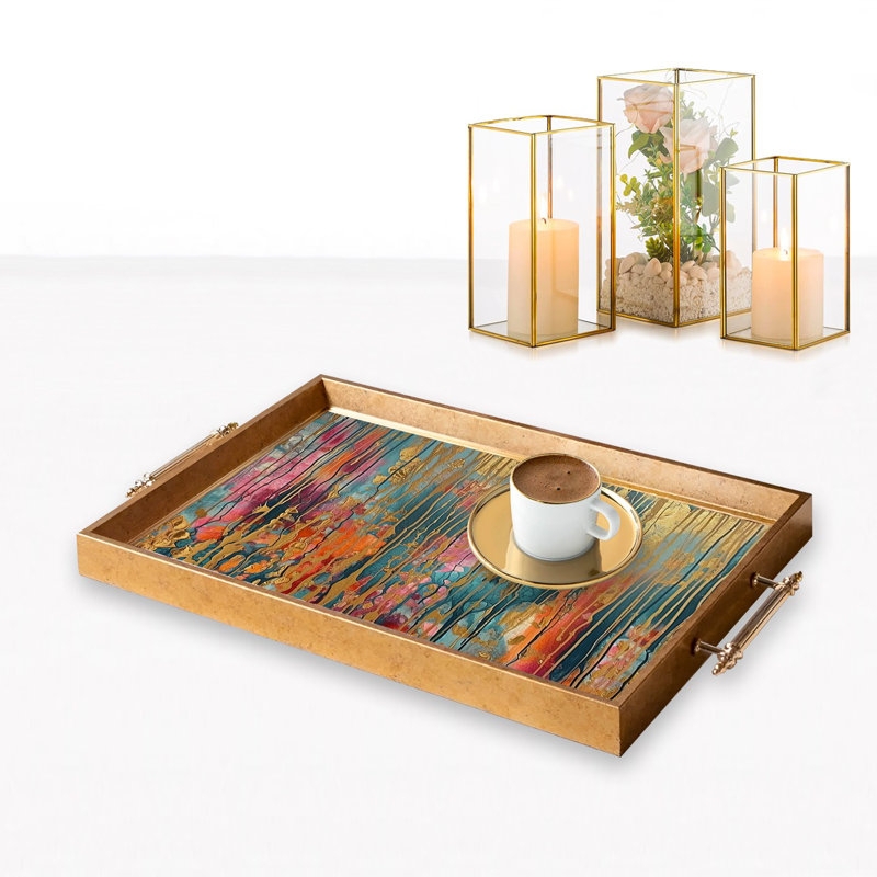 Serving Tray Rectangular Mirrored Geometric Fretwork Gold Serving Tray
