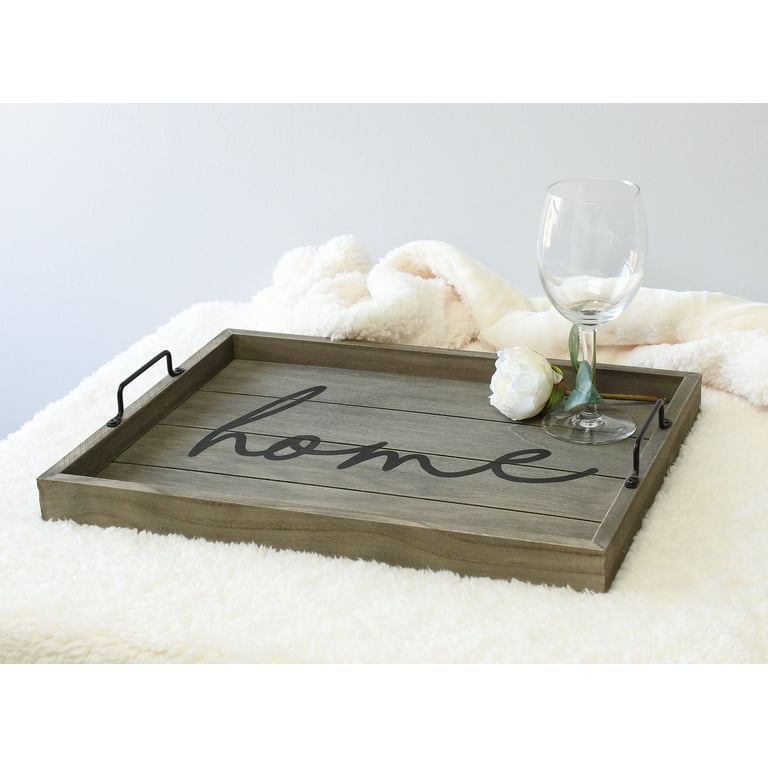 Serving Tray, Rectangular Rustic Gray Wood with "Home" Script, Cutout Handles