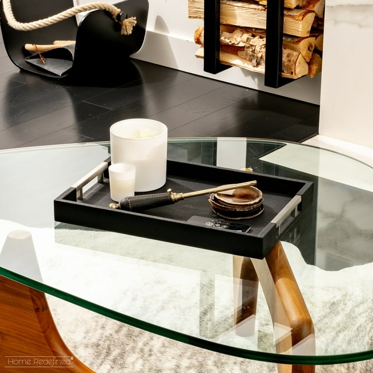 Serving Tray Rectangular Shagreen Stainless Steel Handles, Chic Bar Cart