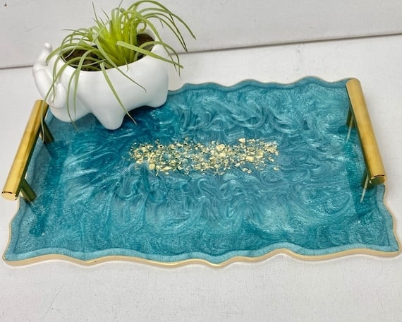 Serving Tray Rectangular Teal Turquoise Geode Resin Gold Bar Handles