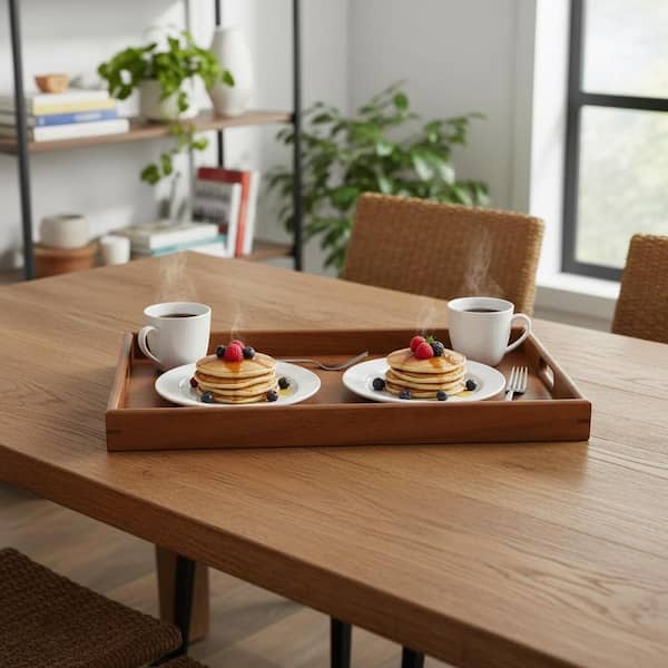 Serving Tray: Rectangular Walnut Tone Wood, Modern Rustic Ottoman Decor