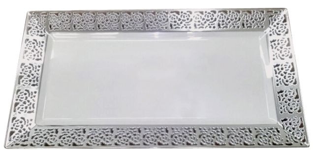 Serving Tray Rectangular White Glossy Silver Lace Border Set
