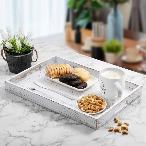 Serving Tray: Rectangular Whitewashed Wood with Integrated Handles