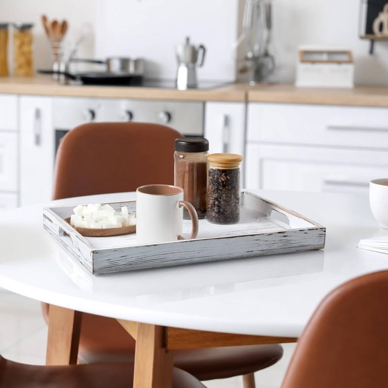Serving Tray: Rectangular Whitewashed Wood with Metal Handles