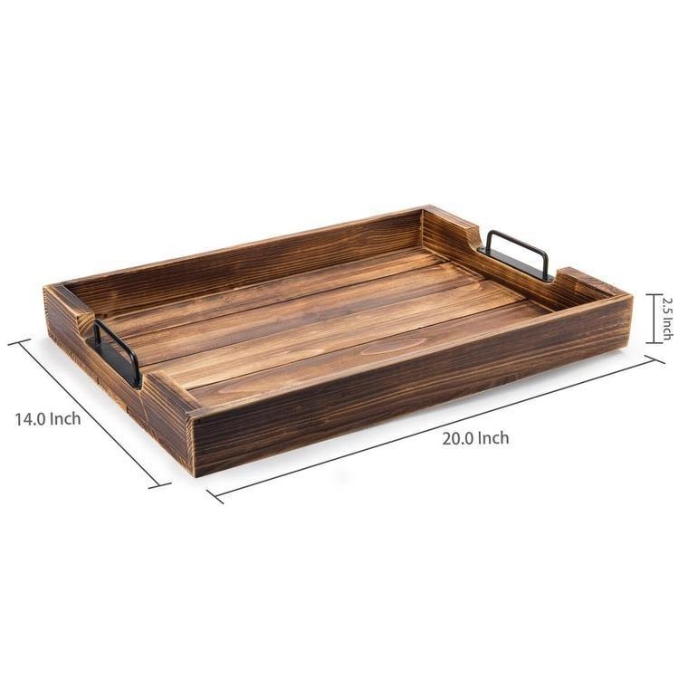 Serving Tray Rectangular Wood Grain Base Black Metal Handles Industrial