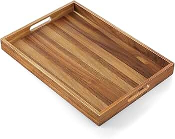 Serving Tray: Rectangular Wood-Toned with High Sides and Cutouts