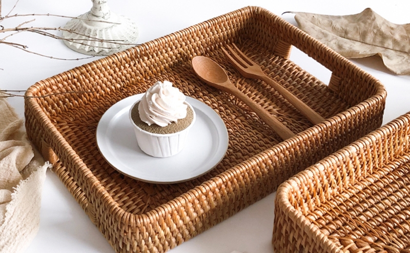 Serving Tray: Rectangular Woven Fiber with Cutout Handles, Boho Chic