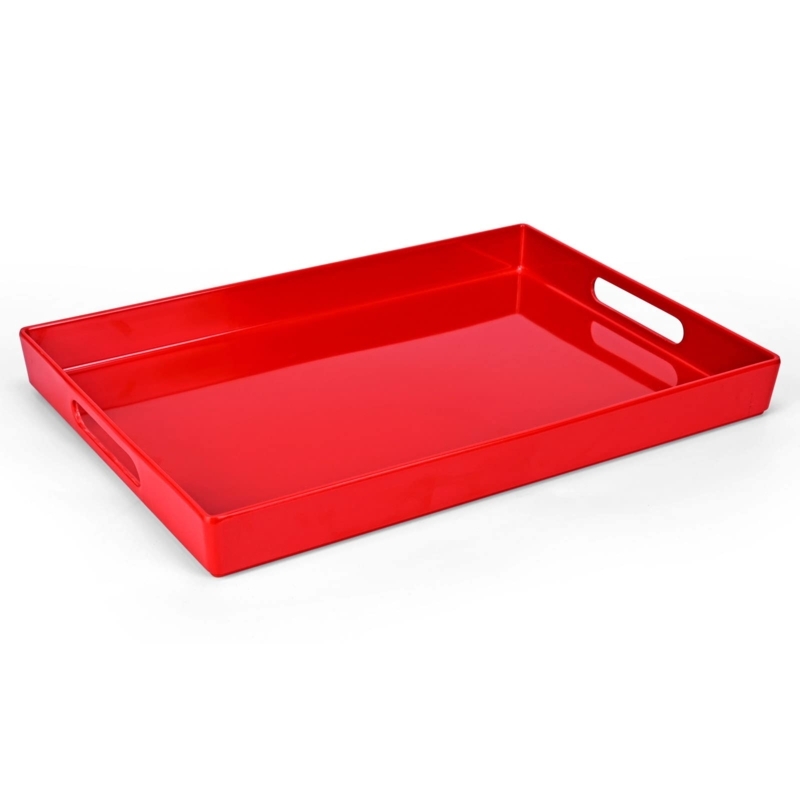 Serving Tray, Red Melamine, Glossy Finish, Cutout Handles for Kitchen