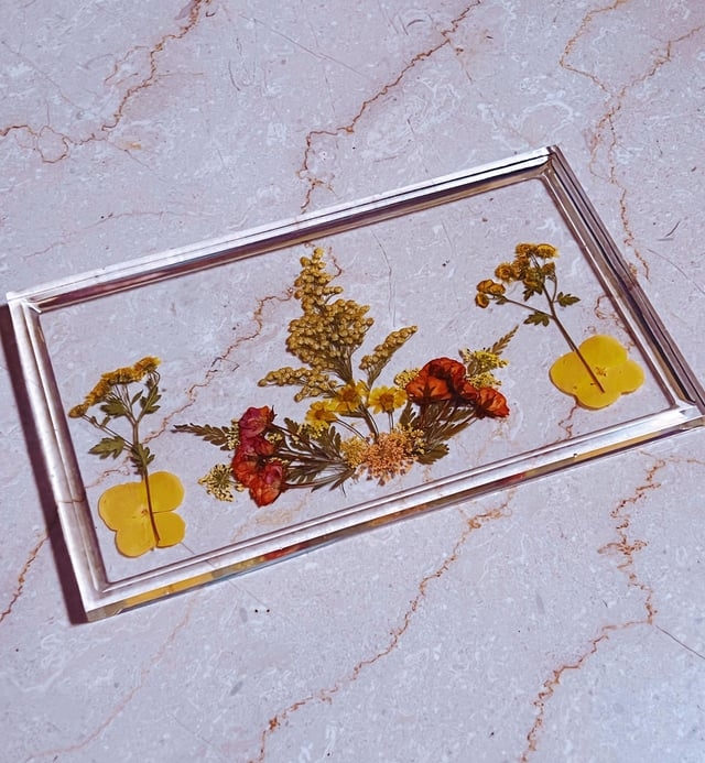 Serving Tray Resin Pressed Flower Inlay Glossy Botanical Accent