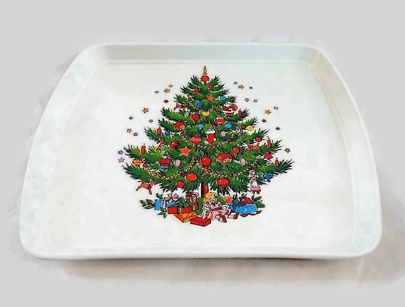 Serving Tray: Retro White Plastic Tree Shape with Colorful Ornament Dots