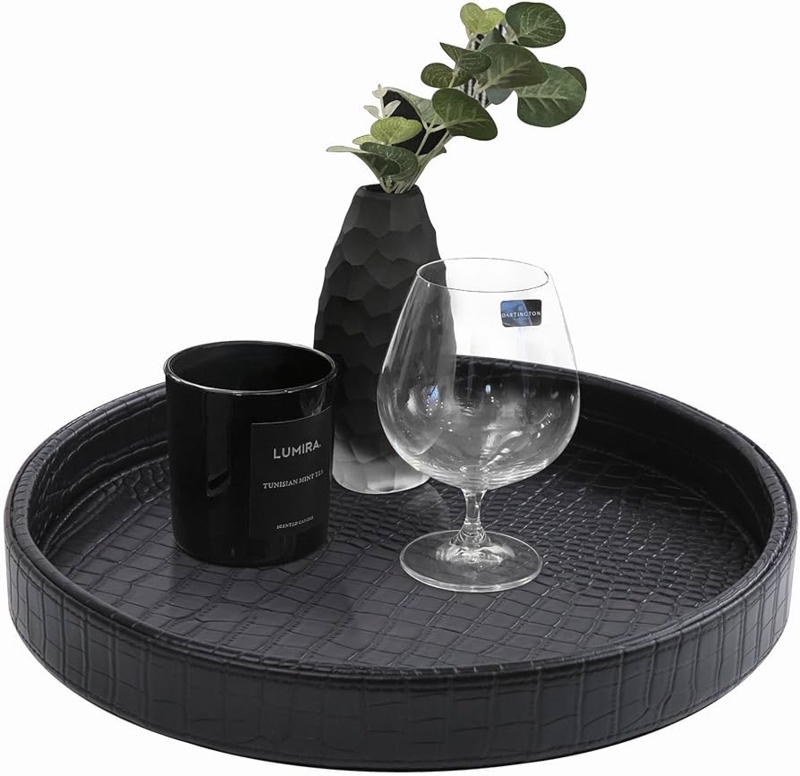 Serving Tray Round Black Crocodile Integrated Handles, Bar Cart Accessory