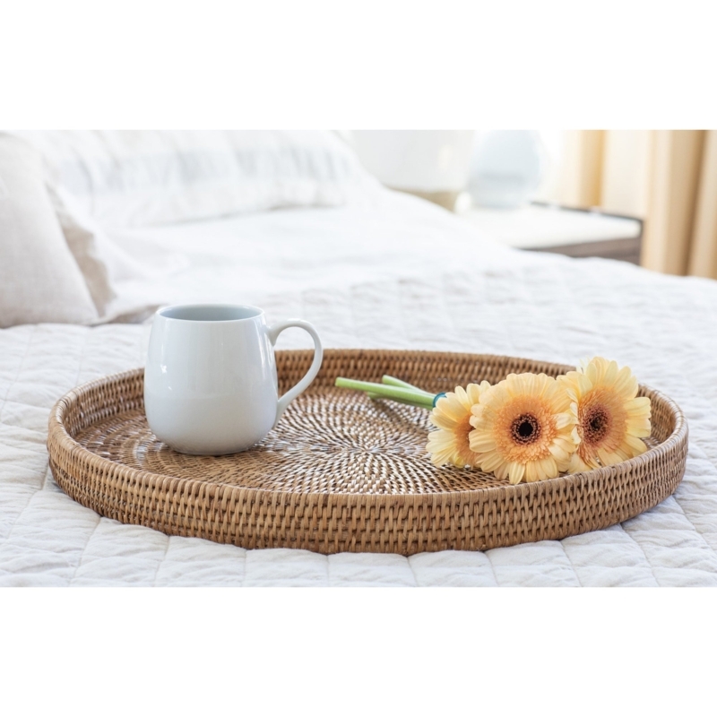 Serving Tray Round Black Woven Rattan Integrated Handles Coastal