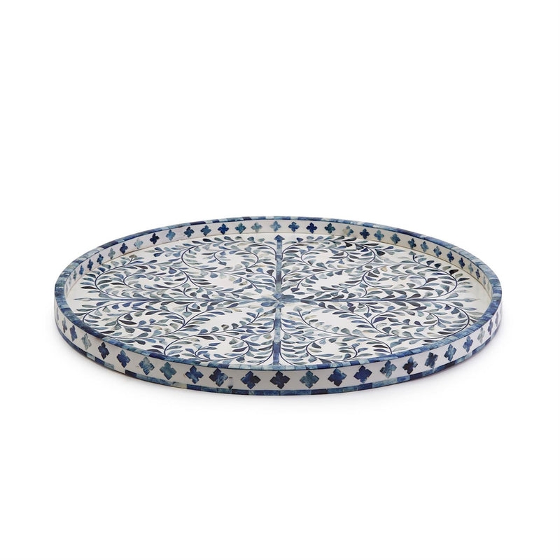 Serving Tray Round Blue and White Bone Inlay Geometric Mosaic