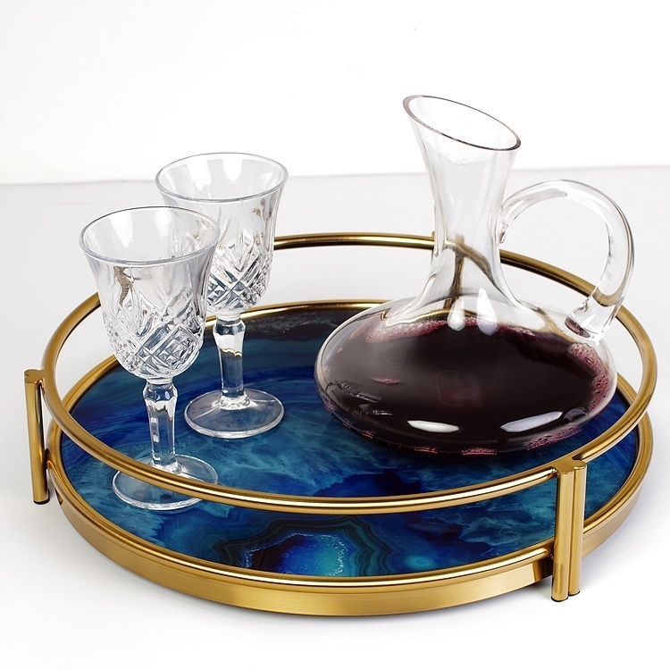 Serving Tray Round Blue Faux Agate Base Gold Frame Cutout Handles