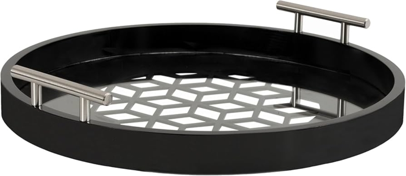 Serving Tray Round Matte Black Geometric Cutout Silver Handles