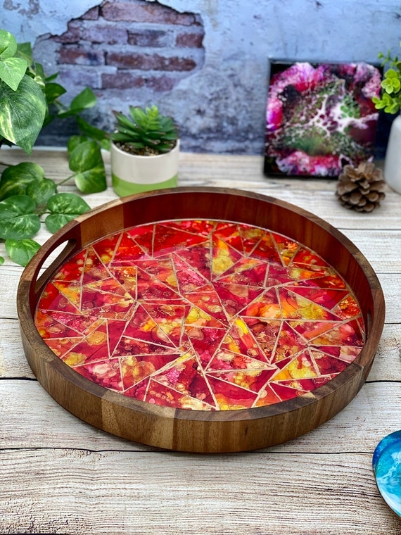 Serving Tray Round Resin Art Inlay Red Gold Metallic Flakes Wood
