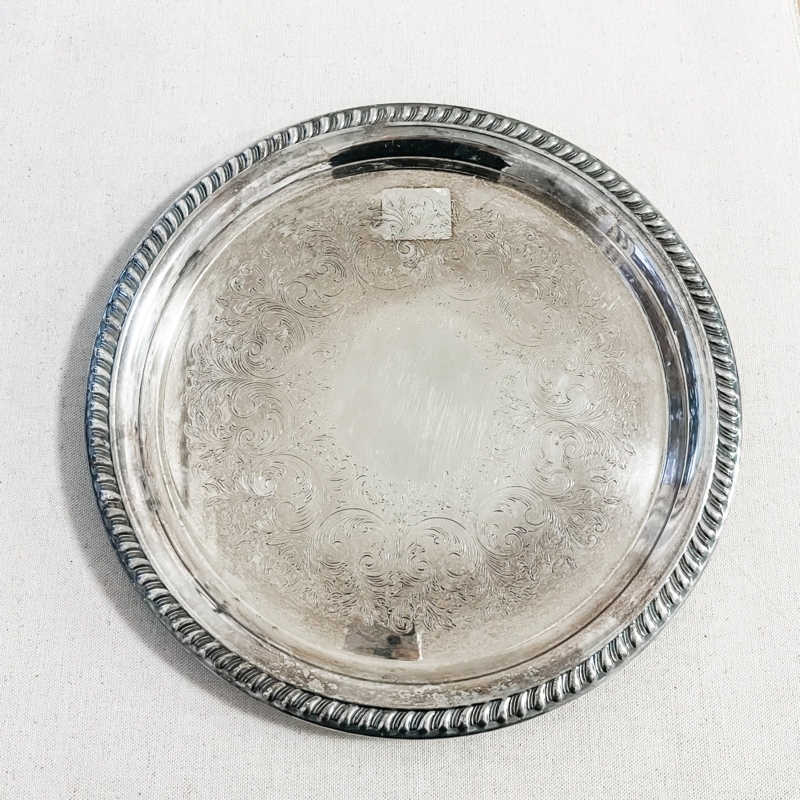 Serving Tray Round Silver Plated Etched Center Pierced Rim