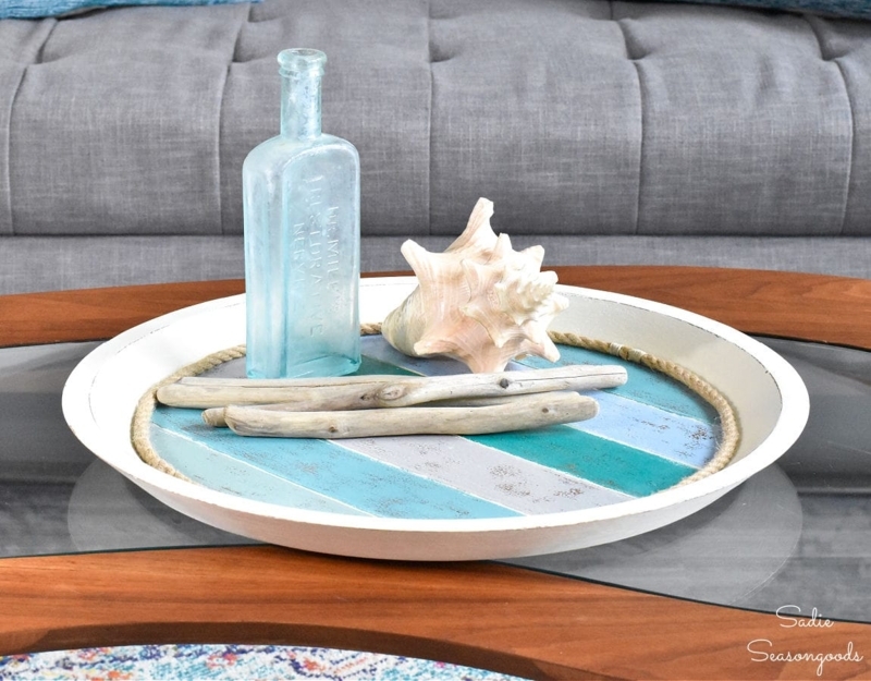 Serving Tray Round White Sea Glass Accents Coffee Table Styling