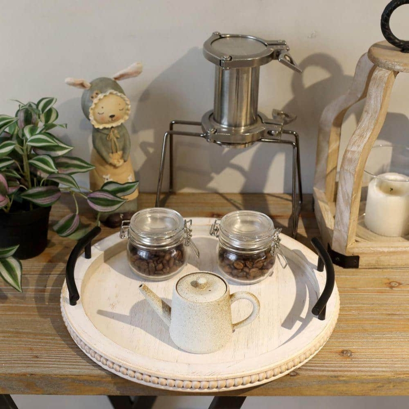 Serving Tray Round Whitewashed Beaded Rim Black Metal Handles