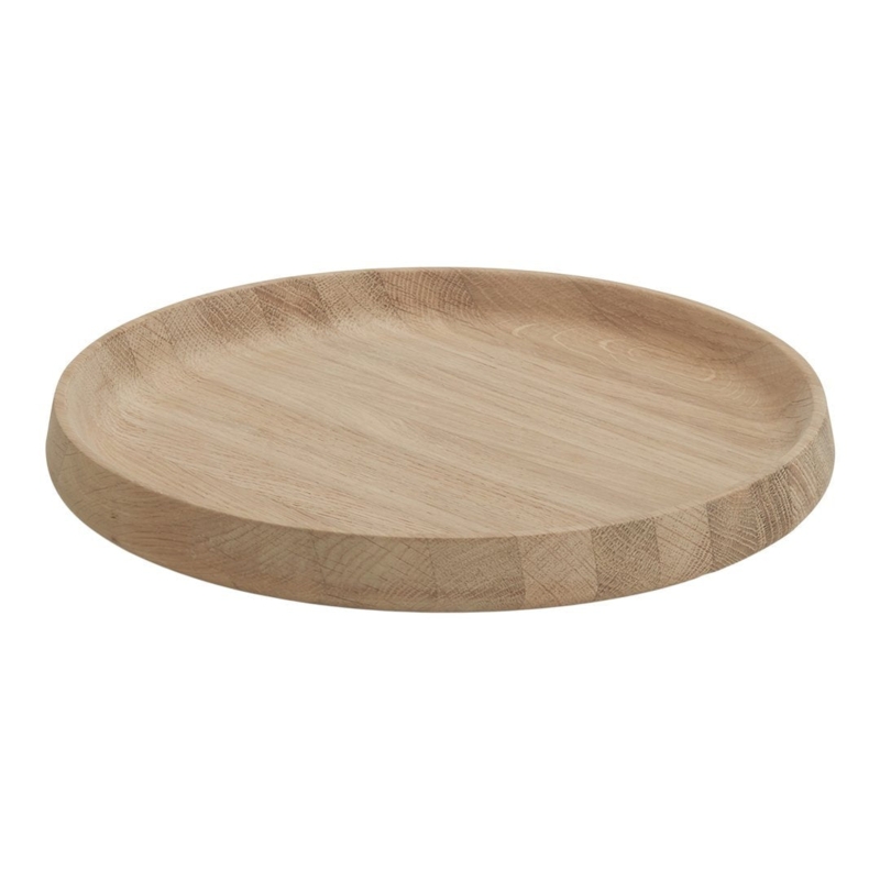 Serving Tray Round Wood Toned Loop Handle Raised Rim Minimalist
