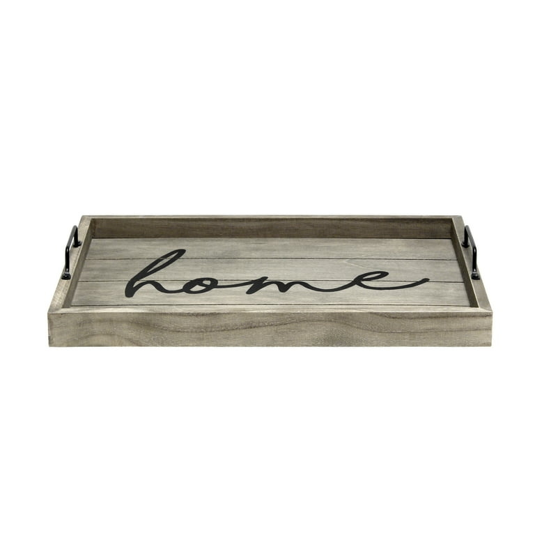 Serving Tray: Rustic Wood Rectangular, "Home" Typography Handles