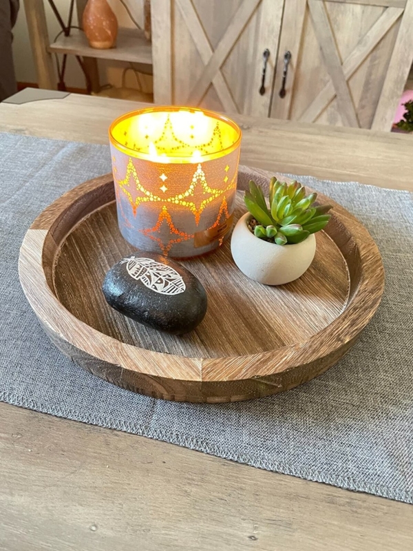 Serving Tray, Rustic Wood with Curved Black Metal Handles for Patio