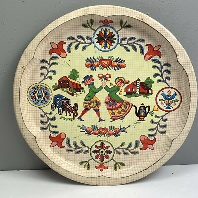 Serving Tray Scalloped Edge Vintage Folk Art Floral Metal Round