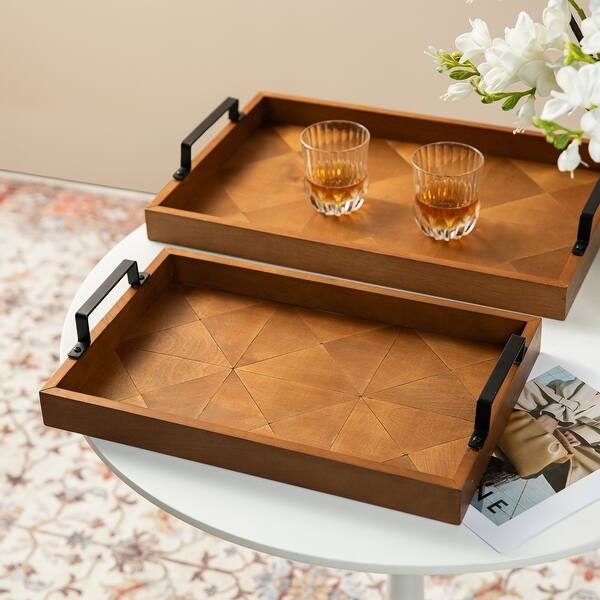 Serving Tray Set Abstract Carving Natural Wood Grain Metal Handles