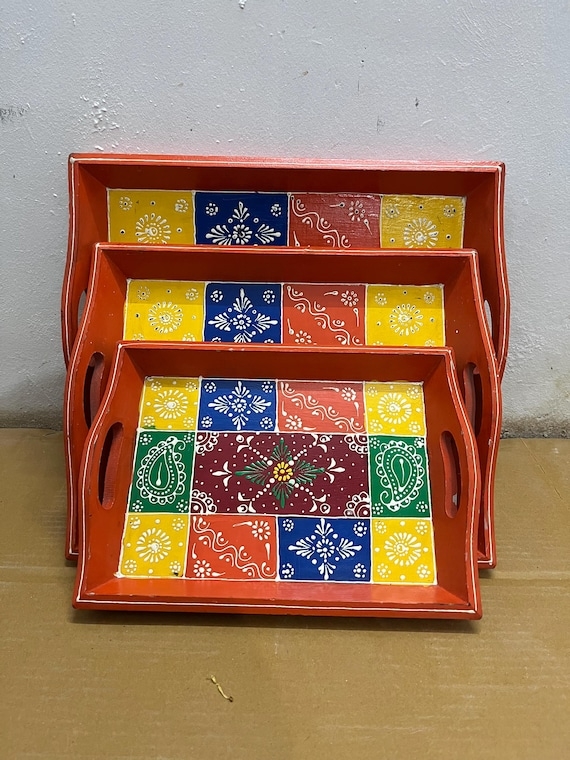 Serving Tray Set Carved Pattern Nesting Design Pastel Palette Boho