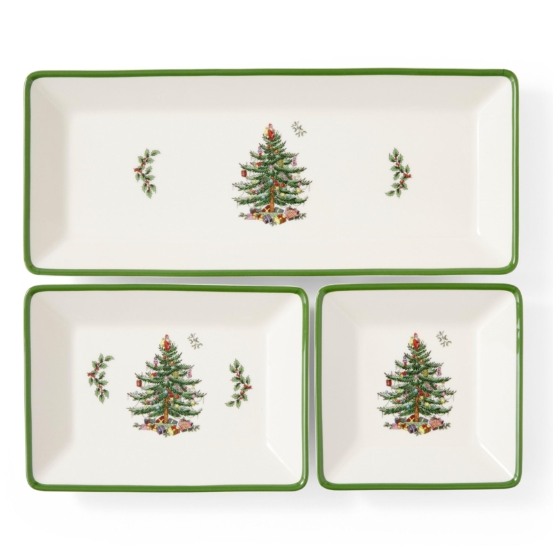 Serving Tray Set: Ceramic Nesting Traditional Christmas Tree Motif Platter