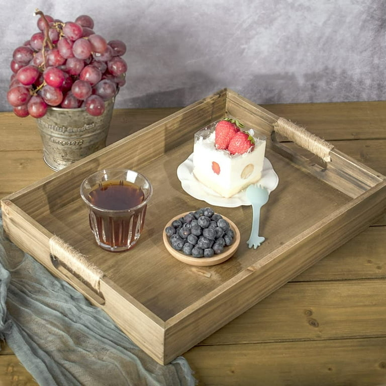 Serving Tray Set Dark Rustic Wood Metal Handles Nesting Industrial